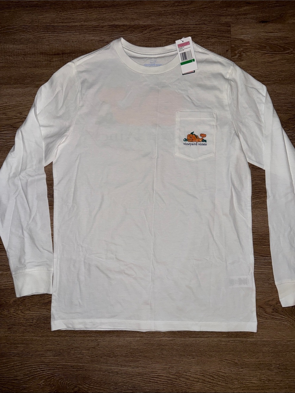 Vineyard Vines White Long-Sleeve Pocket Tee with Orange Glitter Pumpkin Logo